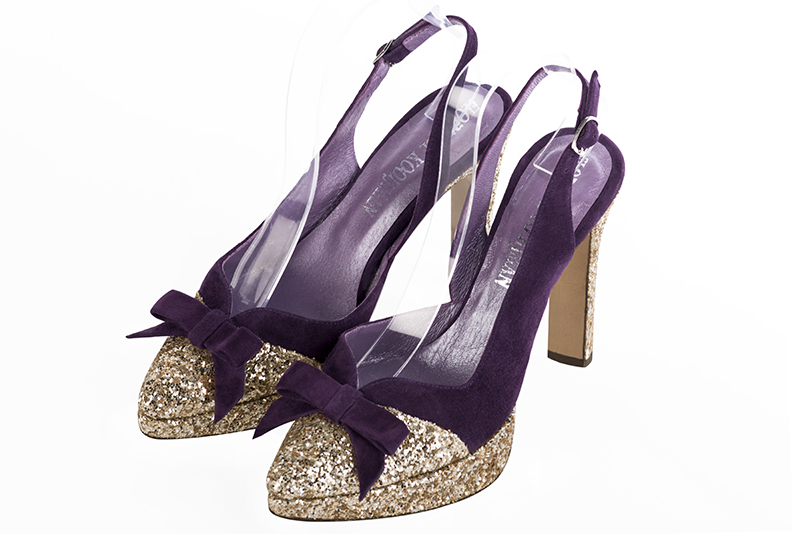 Gold and amethyst purple women's open back shoes, with a knot. Tapered toe. Very high slim heel with a platform at the front. Front view - Florence KOOIJMAN